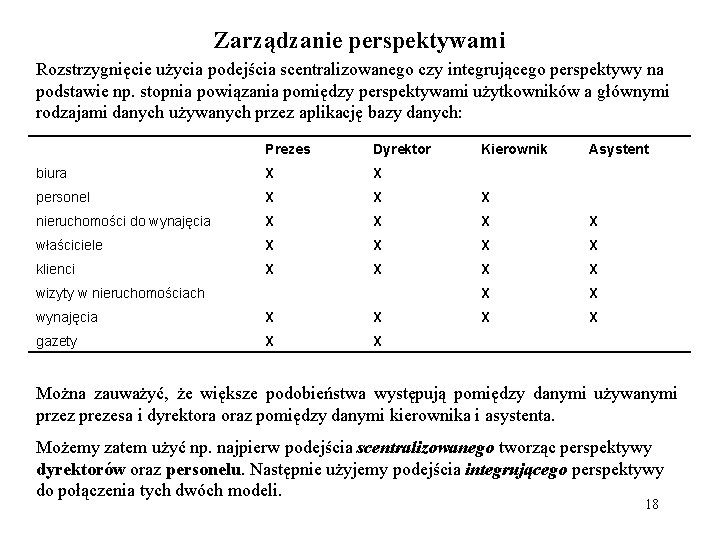 Zarządzanie perspektywami Rozstrzygnięcie użycia podejścia scentralizowanego czy integrującego perspektywy na podstawie np. stopnia powiązania