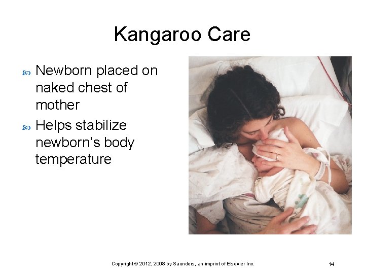 Kangaroo Care Newborn placed on naked chest of mother Helps stabilize newborn’s body temperature