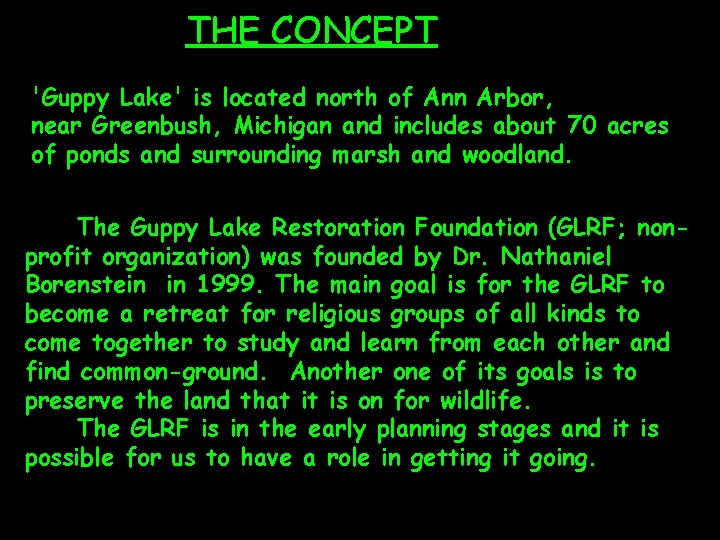 THE CONCEPT 'Guppy Lake' is located north of Ann Arbor, near Greenbush, Michigan and