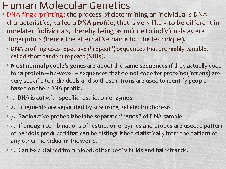 Human Molecular Genetics • DNA fingerprinting: the process of determining an individual's DNA characteristics,