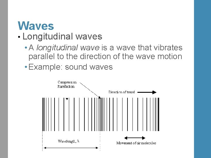 Waves • Longitudinal waves • A longitudinal wave is a wave that vibrates parallel