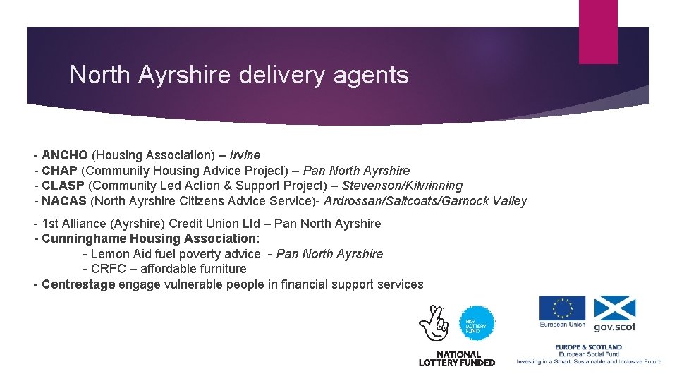 North Ayrshire delivery agents - ANCHO (Housing Association) – Irvine - CHAP (Community Housing
