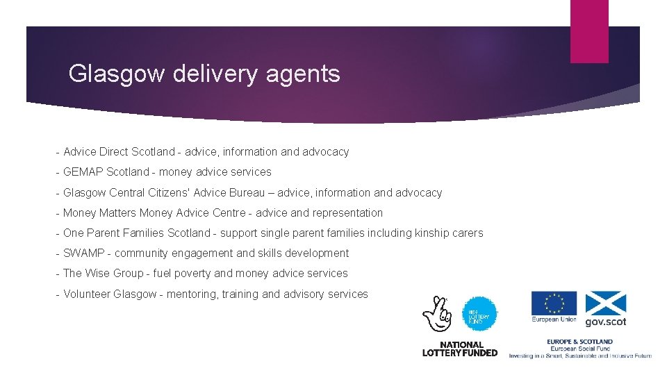 Glasgow delivery agents - Advice Direct Scotland - advice, information and advocacy - GEMAP