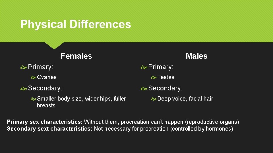 Physical Differences Females Primary: Ovaries Secondary: Smaller body size, wider hips, fuller breasts Males