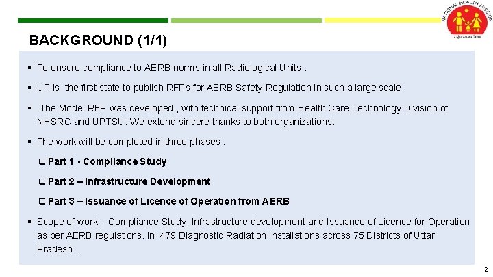 BACKGROUND (1/1) § To ensure compliance to AERB norms in all Radiological Units. §