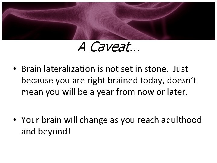 A Caveat… • Brain lateralization is not set in stone. Just because you are