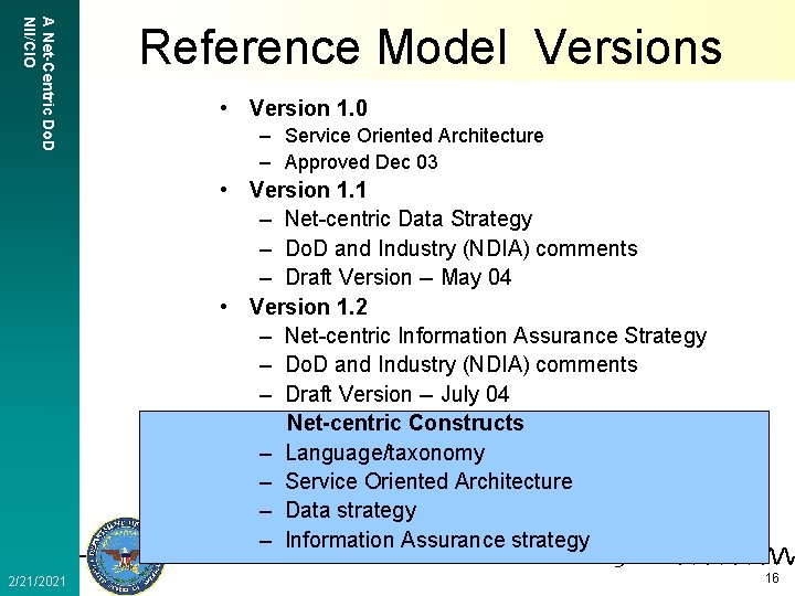 A Net-Centric Do. D NII/CIO Reference Model Versions • Version 1. 0 – Service