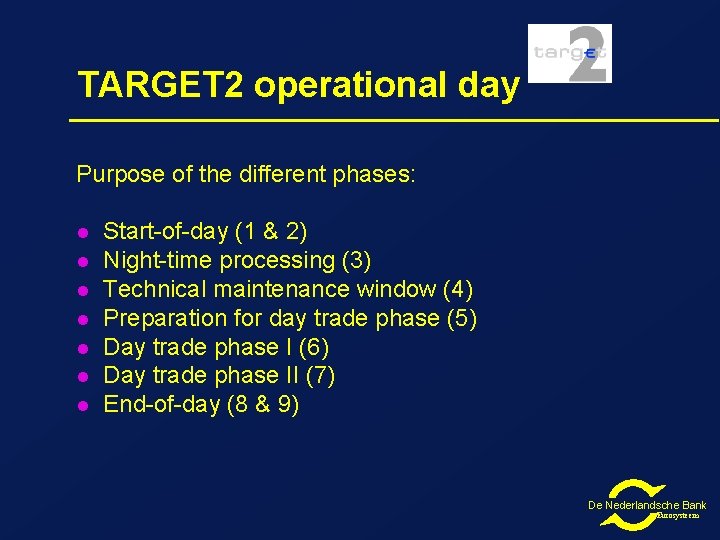 TARGET 2 operational day Purpose of the different phases: l l l l Start-of-day