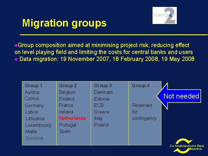 Migration groups l. Group composition aimed at minimising project risk, reducing effect on level
