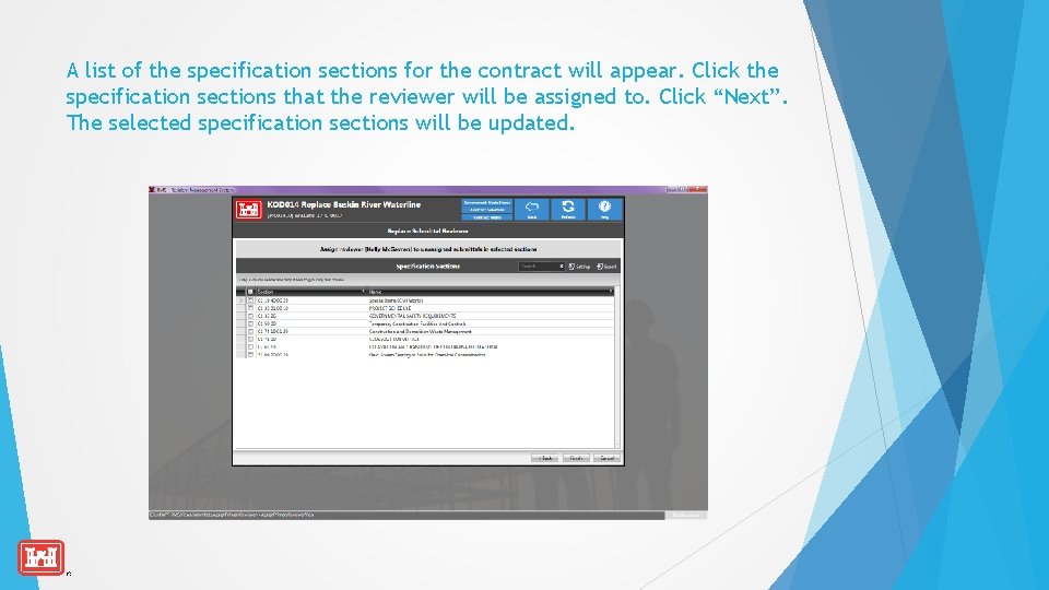 A list of the specification sections for the contract will appear. Click the specification