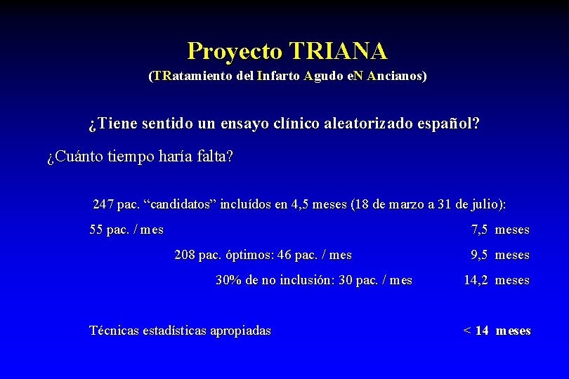 Proyecto TRIANA (TRatamiento del Infarto Agudo e. N Ancianos) ¿Tiene sentido un ensayo clínico