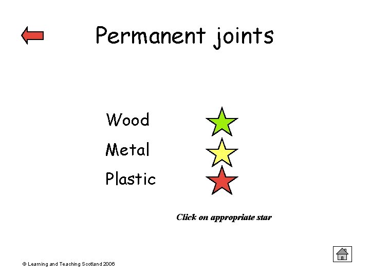 Permanent joints Wood Metal Plastic Click on appropriate star © Learning and Teaching Scotland