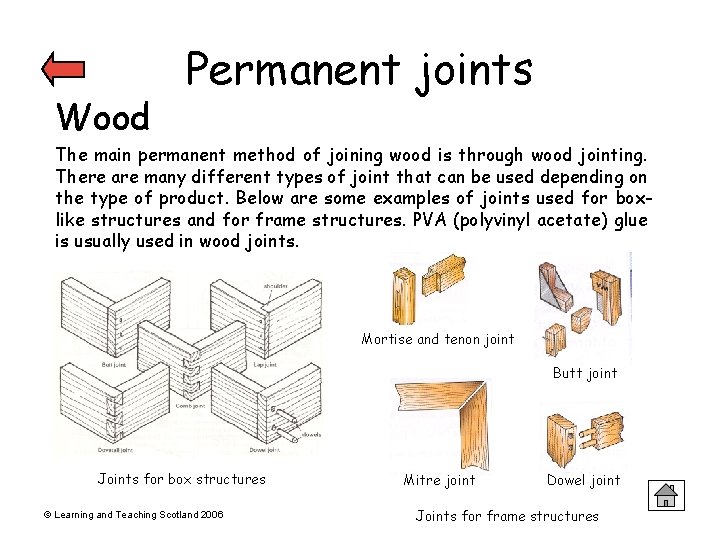 Wood Permanent joints The main permanent method of joining wood is through wood jointing.