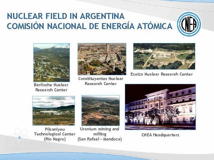 NUCLEAR FIELD IN ARGENTINA COMISIÓN NACIONAL DE ENERGÍA ATÓMICA Bariloche Nuclear Research Center Constituyentes