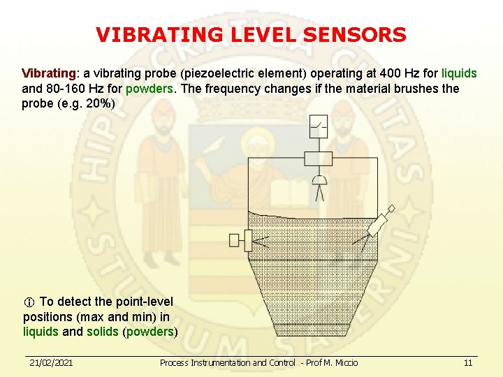 VIBRATING LEVEL SENSORS Vibrating: a vibrating probe (piezoelectric element) operating at 400 Hz for