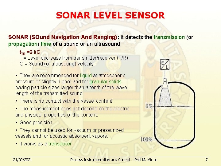 SONAR LEVEL SENSOR SONAR (SOund Navigation And Ranging): It detects the transmission (or propagation)