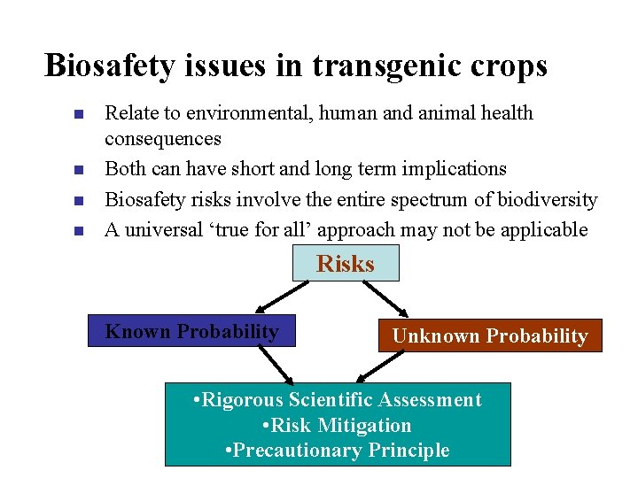 Biosafety issues in transgenic crops n n Relate to environmental, human and animal health