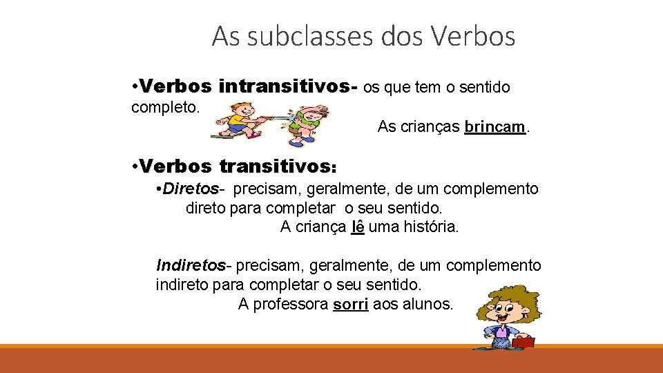 As subclasses dos Verbos • Verbos intransitivos- os que tem o sentido completo. As