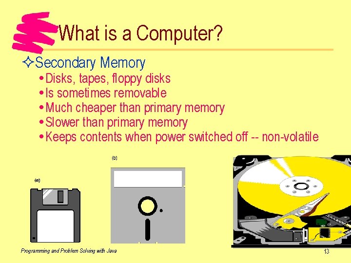 What is a Computer? ²Secondary Memory Disks, tapes, floppy disks Is sometimes removable Much