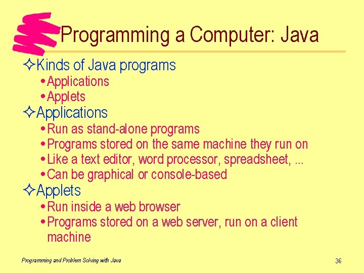 Programming a Computer: Java ²Kinds of Java programs Applications Applets ²Applications Run as stand-alone