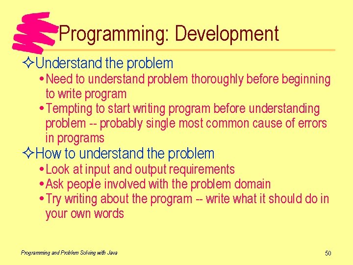 Programming: Development ²Understand the problem Need to understand problem thoroughly before beginning to write