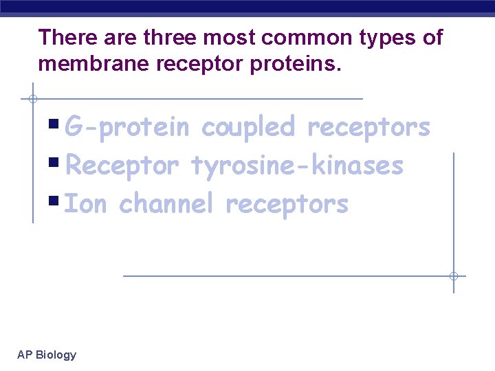 There are three most common types of membrane receptor proteins. § G-protein coupled receptors