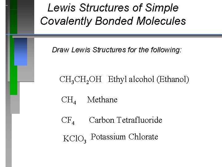 Lewis Structures of Simple Covalently Bonded Molecules Draw Lewis Structures for the following: CH