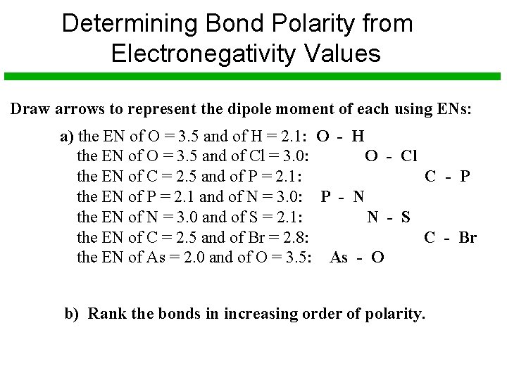 Determining Bond Polarity from Electronegativity Values Draw arrows to represent the dipole moment of