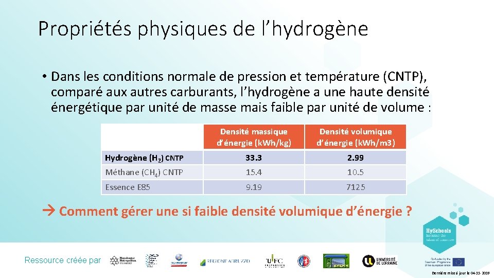Propriétés physiques de l’hydrogène • Dans les conditions normale de pression et température (CNTP),