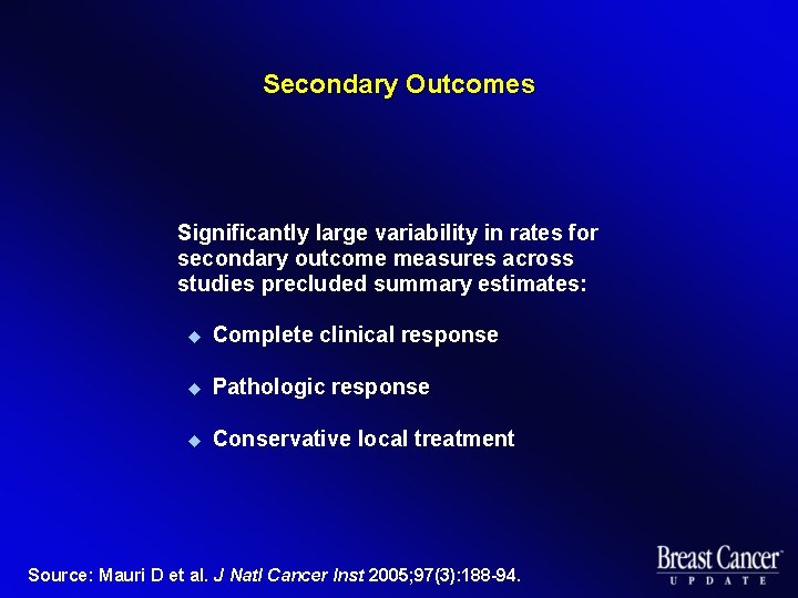 Secondary Outcomes Significantly large variability in rates for secondary outcome measures across studies precluded