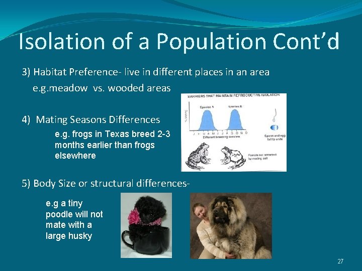 Isolation of a Population Cont’d 3) Habitat Preference- live in different places in an