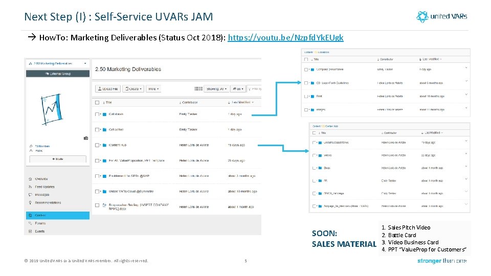 Next Step (I) : Self-Service UVARs JAM How. To: Marketing Deliverables (Status Oct 2018):