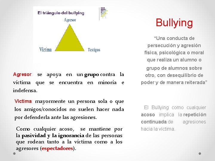 Bullying “Una conducta de persecución y agresión física, psicológica o moral que realiza un
