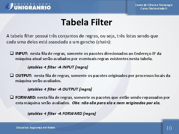 Escola de Ciência e Tecnologia Curso: Bacharelado SI Tabela Filter A tabela filter possui