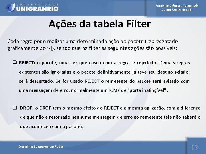 Escola de Ciência e Tecnologia Curso: Bacharelado SI Ações da tabela Filter Cada regra