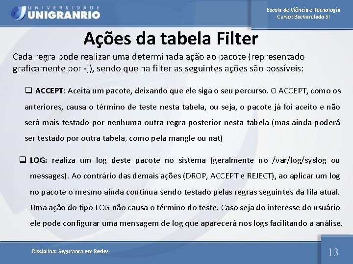 Escola de Ciência e Tecnologia Curso: Bacharelado SI Ações da tabela Filter Cada regra