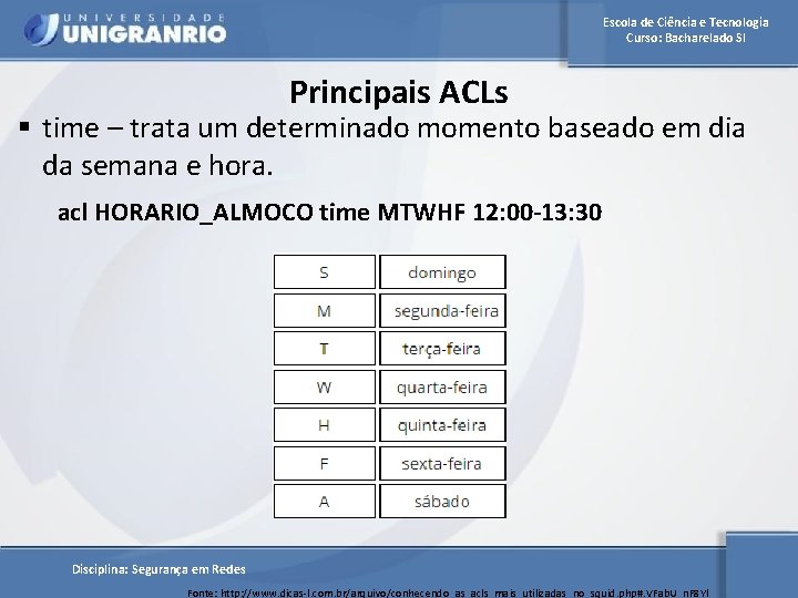 Escola de Ciência e Tecnologia Curso: Bacharelado SI Principais ACLs § time – trata