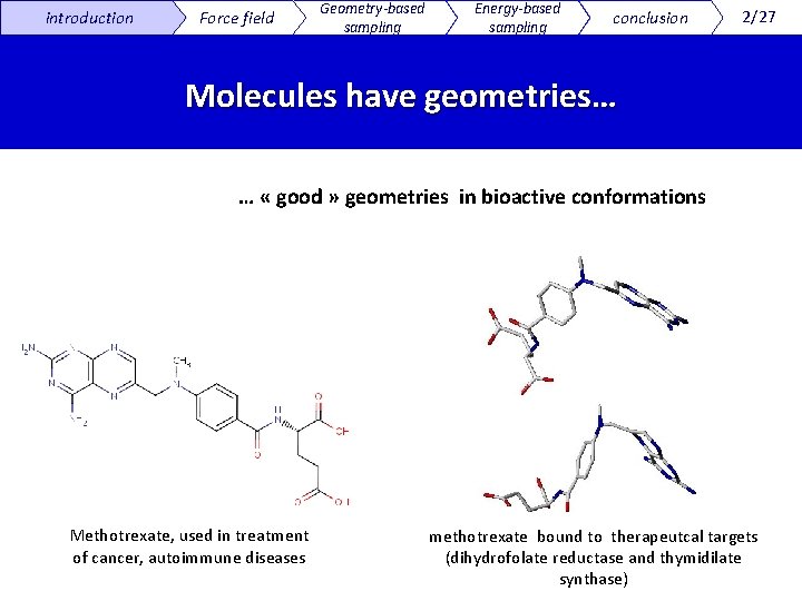 introduction Force field Geometry-based sampling Energy-based sampling conclusion 2/27 Molecules have geometries… … «