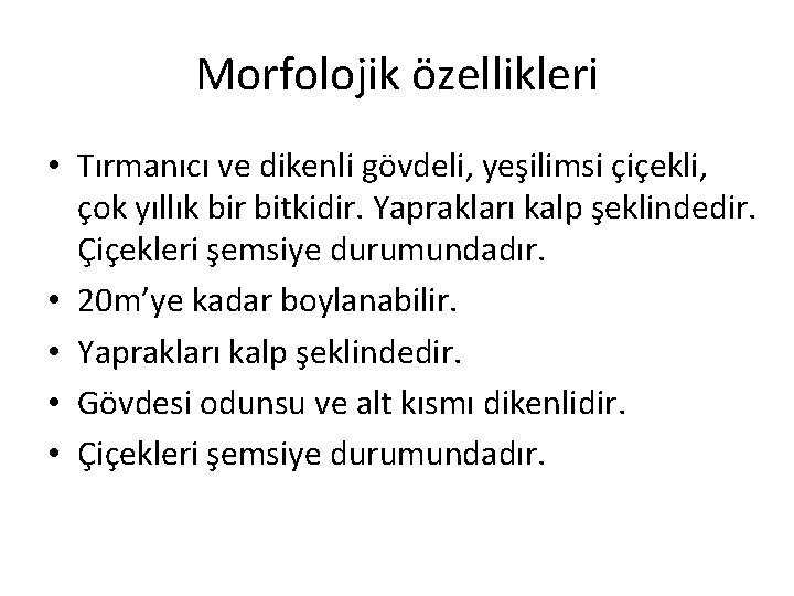 Morfolojik özellikleri • Tırmanıcı ve dikenli gövdeli, yeşilimsi çiçekli, çok yıllık bir bitkidir. Yaprakları