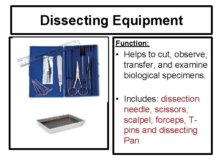 Dissecting Equipment Function: • Helps to cut, observe, transfer, and examine biological specimens. •
