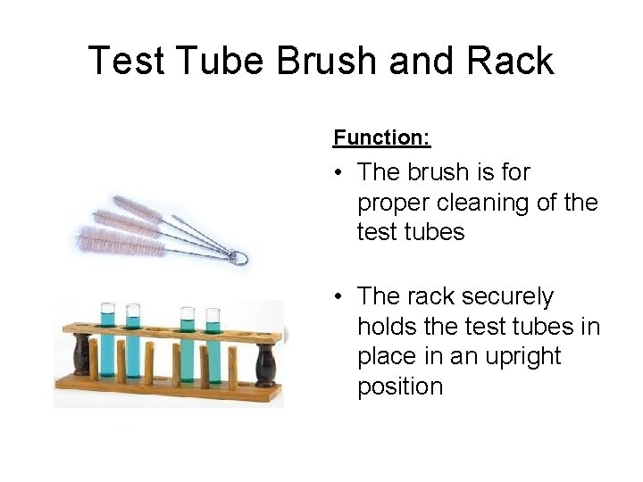 Test Tube Brush and Rack Function: • The brush is for proper cleaning of