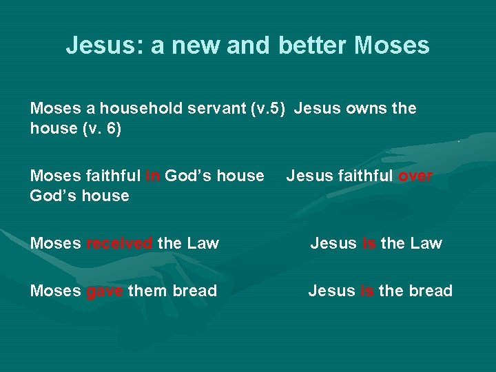 Jesus: a new and better Moses a household servant (v. 5) Jesus owns the
