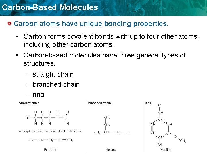 Carbon-Based Molecules Carbon atoms have unique bonding properties. • Carbon forms covalent bonds with