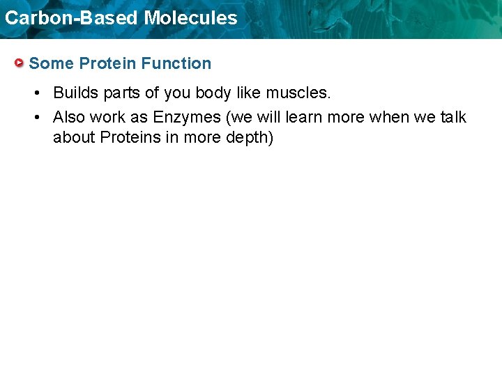 Carbon-Based Molecules Some Protein Function • Builds parts of you body like muscles. •