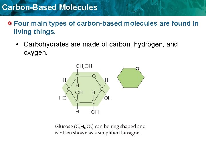 Carbon-Based Molecules Four main types of carbon-based molecules are found in living things. •