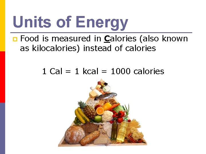 Units of Energy p Food is measured in Calories (also known as kilocalories) instead Units of Energy p Food is measured in Calories (also known as kilocalories) instead