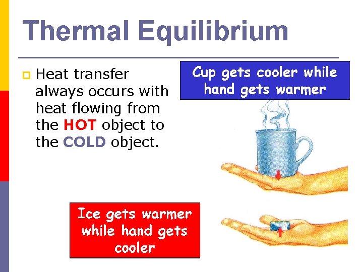 Thermal Equilibrium p Heat transfer always occurs with heat flowing from the HOT object Thermal Equilibrium p Heat transfer always occurs with heat flowing from the HOT object