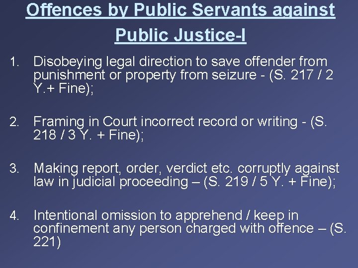 Offences by Public Servants against Public Justice-I 1. Disobeying legal direction to save offender