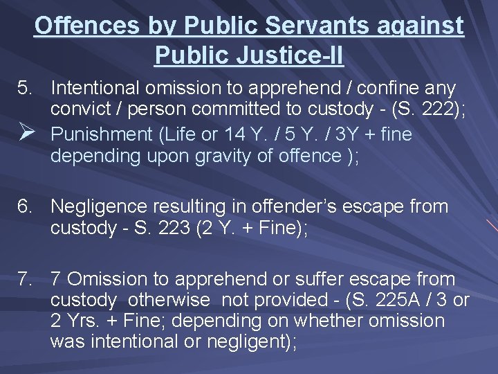 Offences by Public Servants against Public Justice-II 5. Intentional omission to apprehend / confine