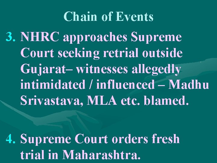 Chain of Events 3. NHRC approaches Supreme Court seeking retrial outside Gujarat– witnesses allegedly